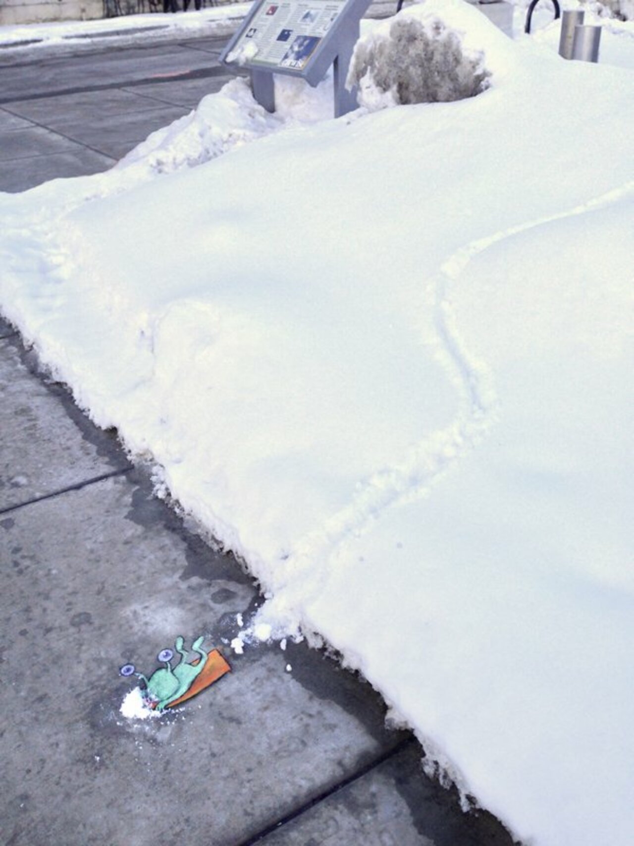 Heavy snow in Michigan means I'll have to take another break from drawing on sidewalks. (Luckily, my friend Sluggo is not so easily discouraged.) Image excerpt from http://bit.ly/2wRDcZ1 #streetart #chalkart #sledding #graffiti #snowsports https://t.co/bkjR2kldyc