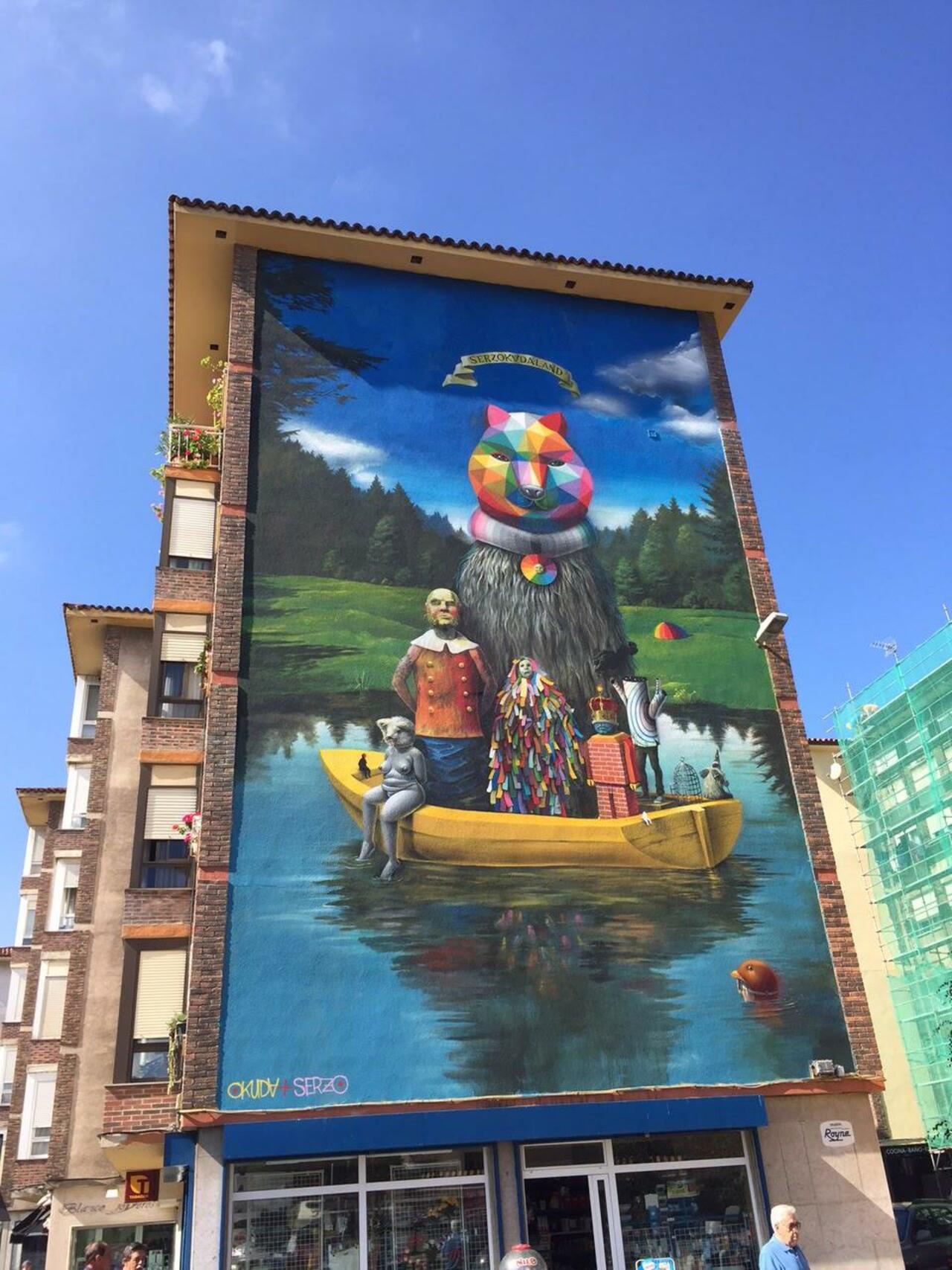 Okuda & Serzo collaborate on a large mural in Santander, Spain. #StreetArt #Graffiti #Mural http://t.co/Fmc3FhMJLX