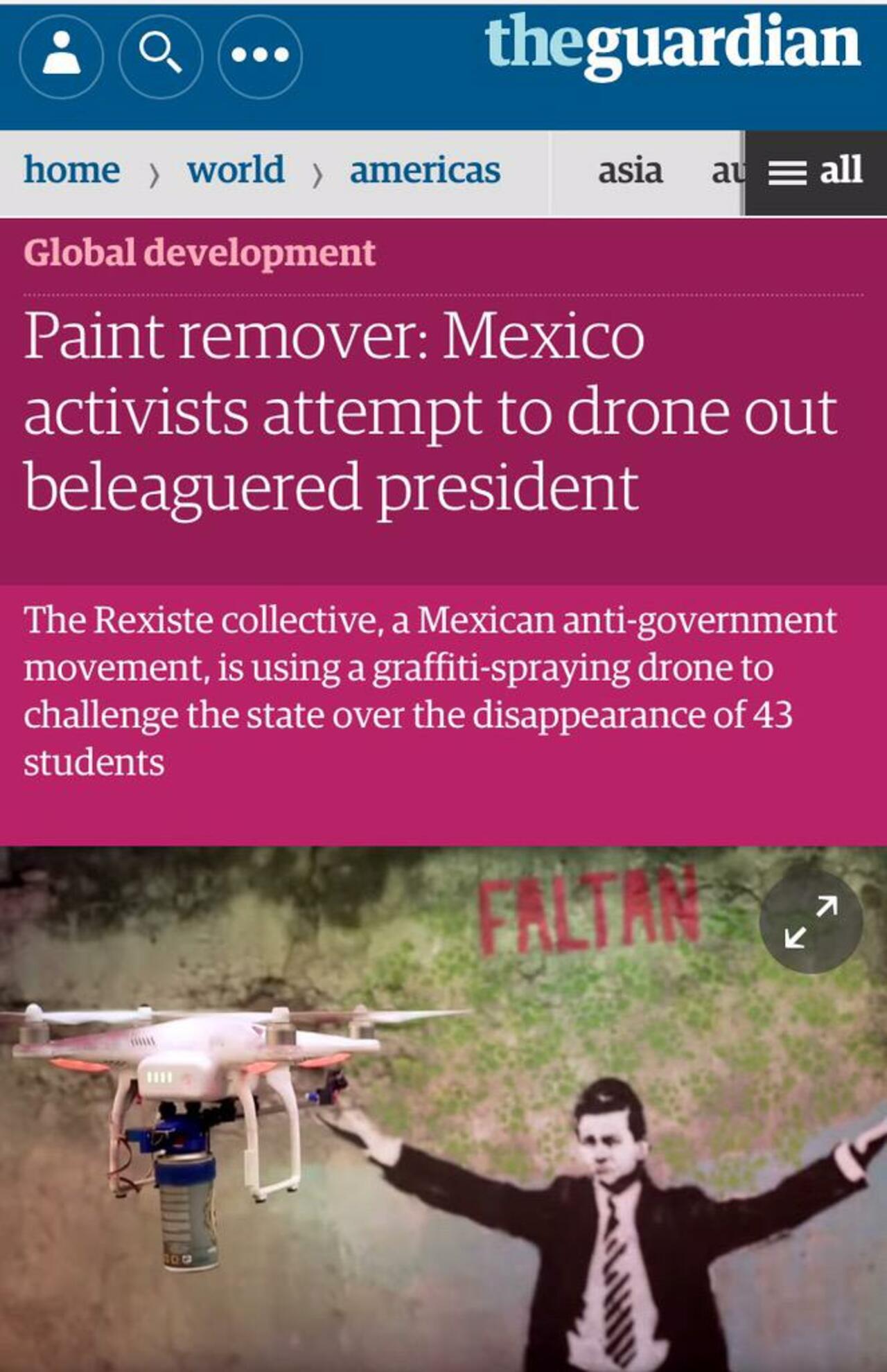 RT @rexiste: #Droncita "mex graffiti-spraying drone challenge the state" @guardian  #StreetArt #Graffiti http://www.theguardian.com/global-development/2015/oct/15/mexico-droncita-rexiste-collective-president-enrique-pena-nieto http://t.co/90oOhy8xyu