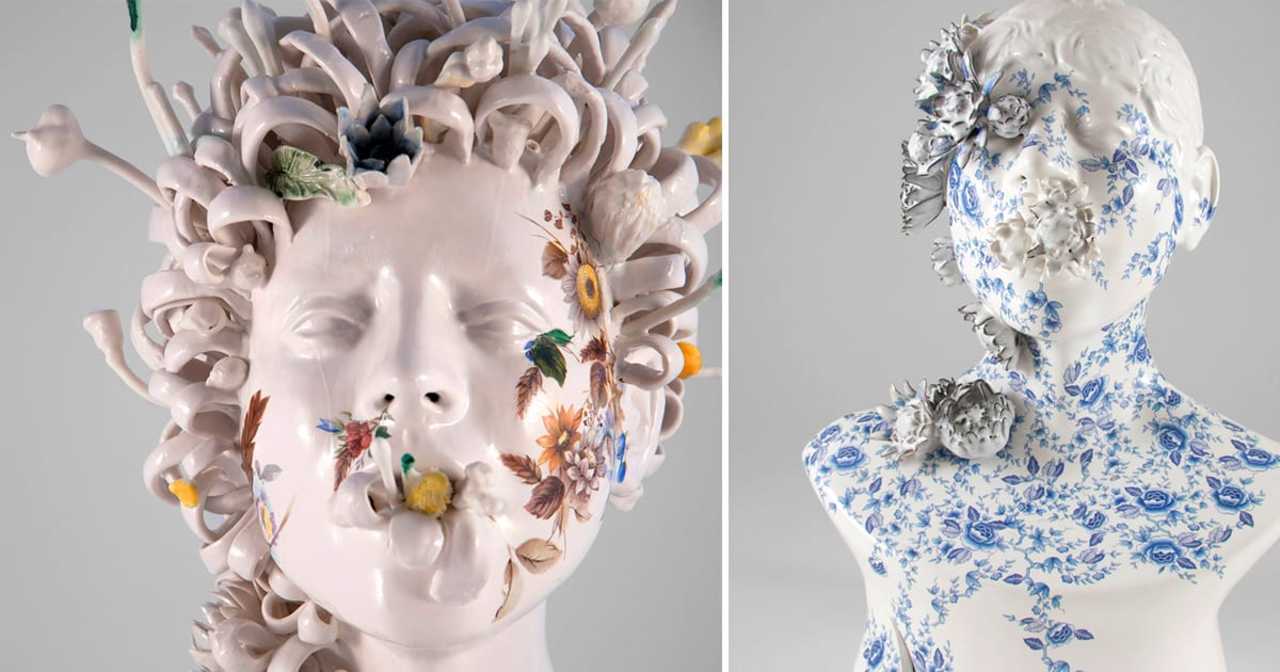 New Ceramic Busts Overgrown With Twisted Vines and Colorful Flowers by Jess Riva Cooper