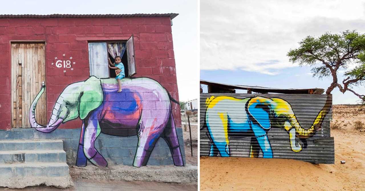 Site-Specific Elephant Murals on the Streets of South Africa by Falko One