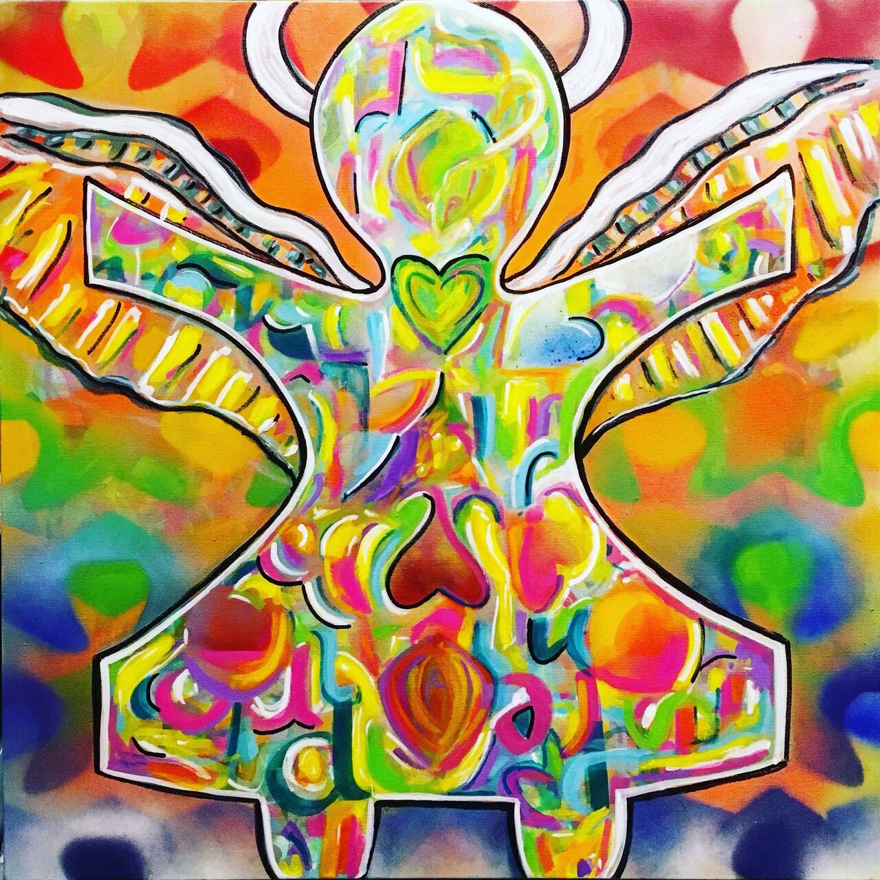 Today’s work in progress...”You say I haven’t earned my wings yet. Perhaps you just haven’t seen me fly?”, 20x20”, spray paint and marker on canvas.  #art #angel #paperdolls #painting #contemporaryart #spraypaintart #graffiti #rainbow #love https://t.co/R8WDSvaGyn