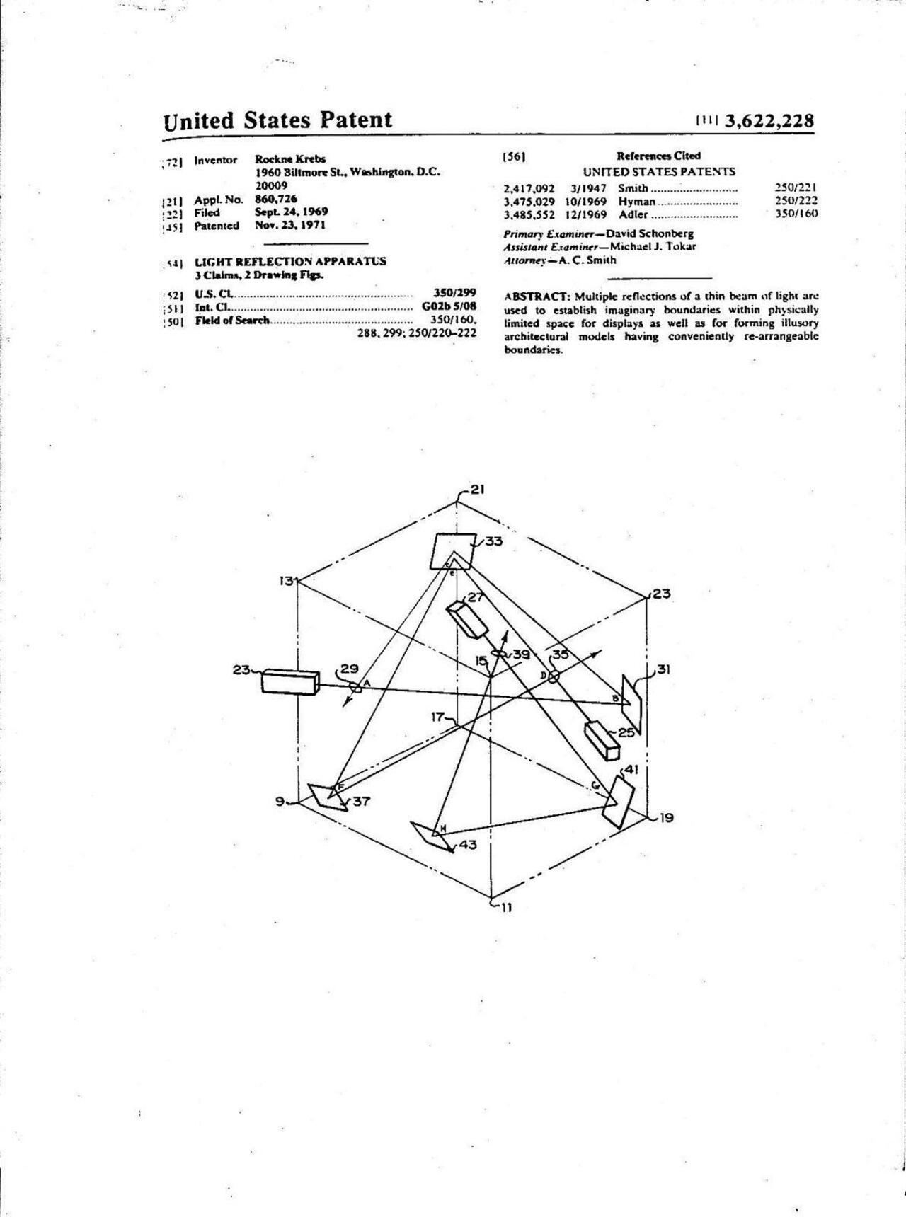 1969 Artist Rockne Krebs granted #laser beam (light) reflective system U.S. #Patent #artscience #ArtTech #LightArt http://t.co/lCYqZeDwX6
